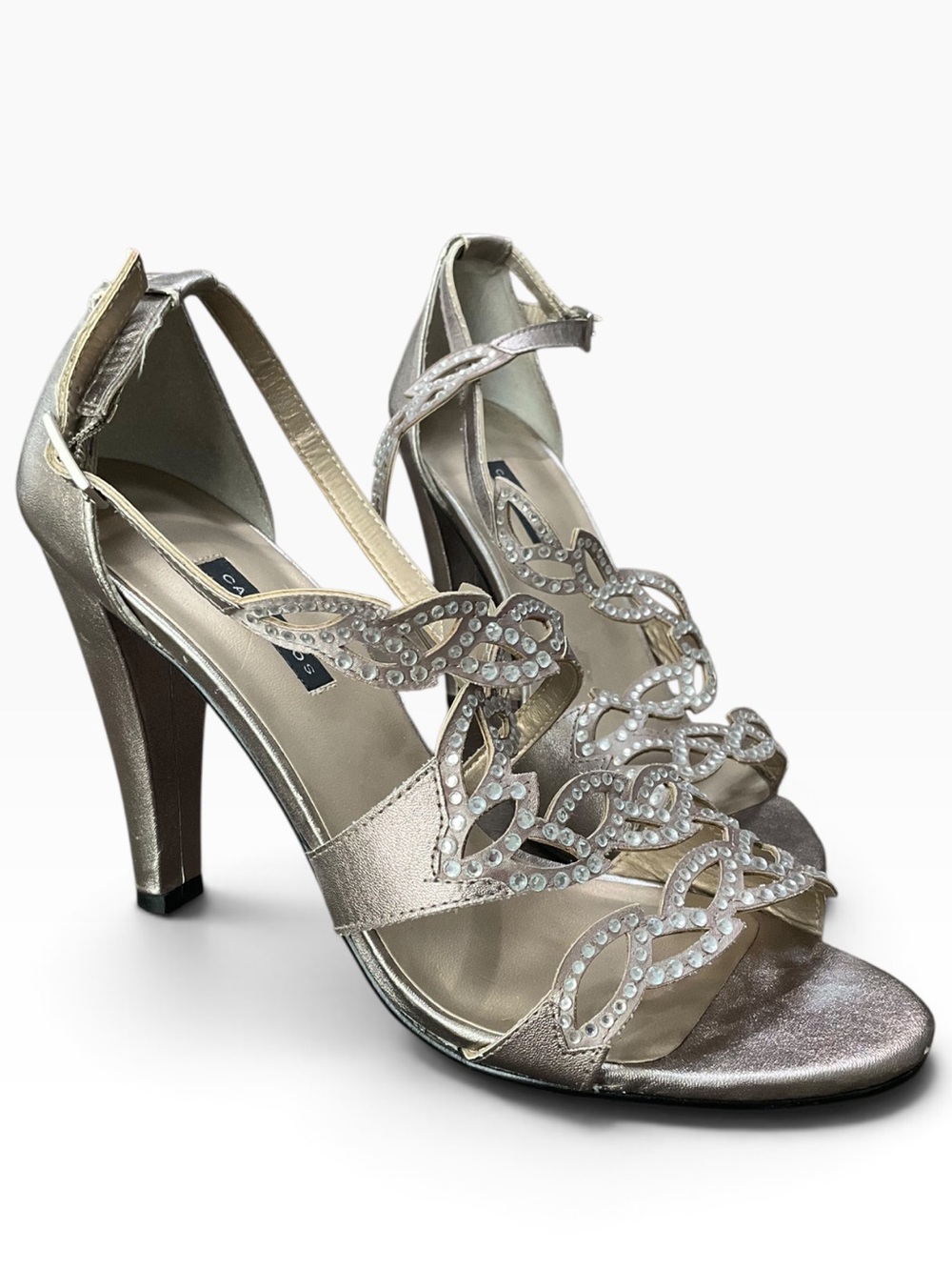 Caparros Women’s embellished Silver High Heel Sandal Crystal Accents Size 10 EUC